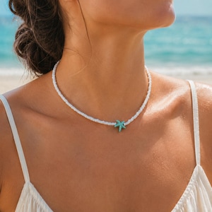 Collana da spiaggia con stelle marine, girocollo con perline di conchiglie, gioielli da surfista, collana estiva costiera, regalo a tema oceano per lei