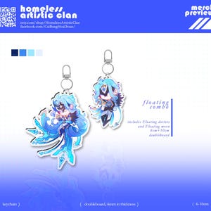 May include: Two acrylic keychains featuring a stylized anime character with light blue hair and a dark mask, wearing a blue and black outfit. The set includes a 6cm and a 10cm piece, both 4mm thick, labeled as a floating combo with doubleboard design.