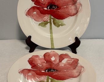 ロイヤルスタッフォード水彩ポピー柄セラミック皿2枚セット、花柄植物食器、芸術的な手描きスタイルのキッチンホームデコレーション