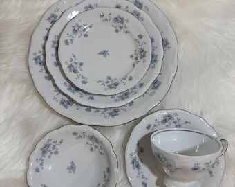 Vintage Johann Haviland Bavaria Germany Blue Floral Porcelain Tea Cup & Plate Set