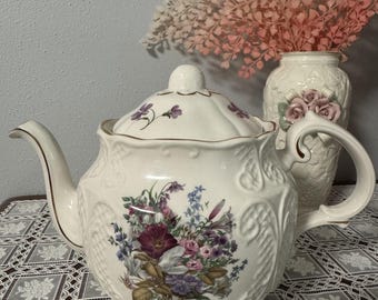 Vintage Crown Dorset Staffordshire Teapot Four Footed Embossed Floral Tea Pot Gold Trim Cottagecore Victorian English Fine Ceramics