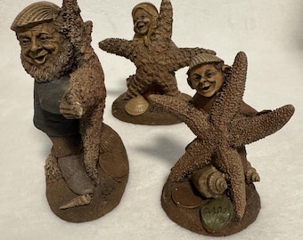 Vintage Tom Clark Gnomes Lot of 3 Perry Janet Carl Coastal Starfish Figurines, Cairn Studio Hand Signed Resin Sculptures 1992