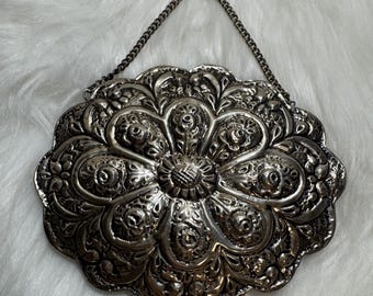 Vintage 900 Silver Floral Mirror, Ornate Embossed Hanging Vanity Mirror, Hallmarked SESU