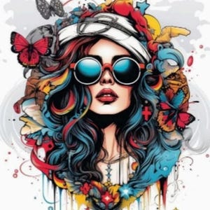 May include: A digital illustration of a person wearing a white headpiece and round sunglasses with blue lenses. The person has long, wavy, multi-colored hair surrounded by vibrant butterflies, abstract shapes, and paint drips in red, blue, and yellow.