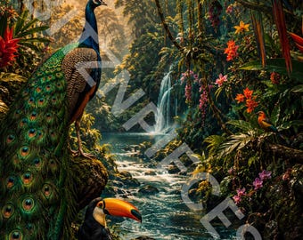 Peacock paradise, Exotic birds surrounded by the nature of a tropical jungle, commercial use, downloadable images