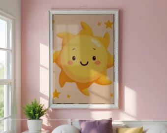 Smiling Sun Print: Danish Pastel Dopamine Wall Art, Butter Yellow Nursery and Dorm Decor (Printable Digital Download)