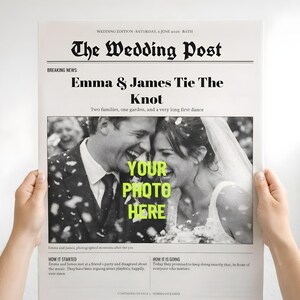Könnte beinhalten: Eine Zeitungsvorlage mit dem Titel The Wedding Post und der Schlagzeile Emma & James Tie The Knot. Die Seite enthält einen zentralen Platzhalter für ein Foto mit dem Text YOUR PHOTO HERE in leuchtendem Grün sowie Textspalten.