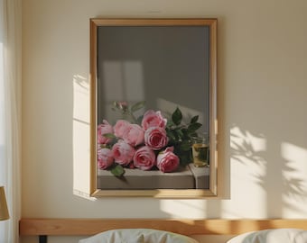 Wild Roses on a Stone Ledge Painting: Vintage Floral Wall Art (Printable Digital Download)