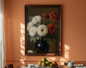 Chrysanthemums in a Dark Jar Painting: Moody Floral Wall Art (Printable Digital Download)