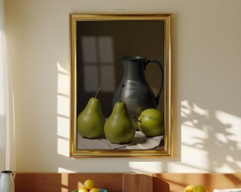 Pears and Pewter Jug Painting: Vintage Kitchen Still Life Wall Art (Printable Digital Download)