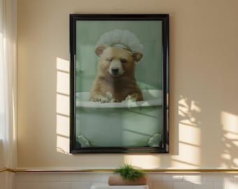 Funny Bear in a Shower Cap Print: Whimsical Bathroom Wall Art, Impressionist Animal Painting (Printable Digital Download)