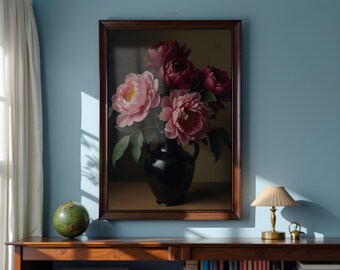 Vintage Peony Still Life Print, Burgundy Pink Flowers, Dutch Oil Painting Style (Digital Download)