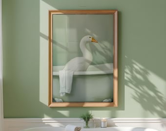 Funny Goose with a Towel Print: Whimsical Bathroom Wall Art, Impressionist Animal Painting (Printable Digital Download)