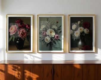 Vintage Floral Gallery Wall Set of 3: Moody Still Life Paintings (Printable Digital Download)