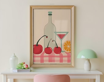 Cherries and Cocktail on Gingham Print: Danish Pastel Dopamine Wall Art (Printable Digital Download)