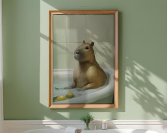 Funny Capybara in a Lemon Bath Print: Whimsical Bathroom Wall Art, Vintage Animal Painting (Printable Digital Download)