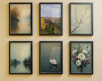 Vintage Gallery Wall Set of 6: Neutral Landscape and Floral Paintings (Printable Digital Download)
