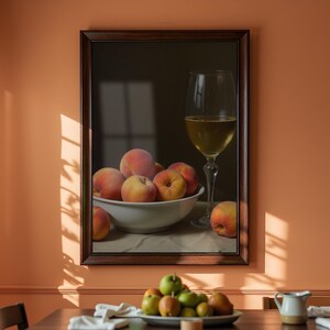 Peaches and White Wine Painting: Vintage Still Life Wall Art (Printable Digital Download) image 1