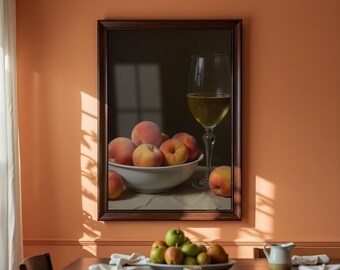 Peaches and White Wine Painting: Vintage Still Life Wall Art (Printable Digital Download)
