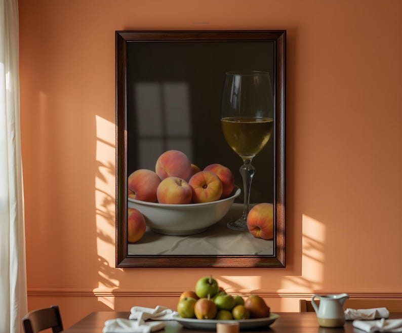 Peaches and White Wine Painting: Vintage Still Life Wall Art (Printable Digital Download) image 1