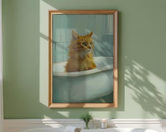 Funny Ginger Cat in the Bath Print: Whimsical Bathroom Wall Art, Impressionist Animal Painting (Printable Digital Download)