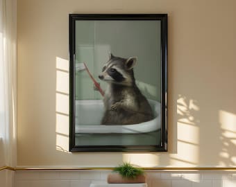 Funny Raccoon Brushing Its Teeth Print: Whimsical Bathroom Wall Art, Vintage Animal Painting (Printable Digital Download)
