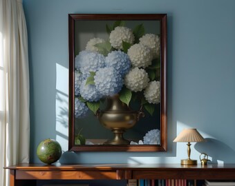 Blue Hydrangeas in Silver Urn Painting: Vintage Floral Wall Art (Printable Digital Download)