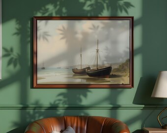 Fishing Boats at Low Tide Painting: Vintage Coastal Wall Art (Printable Digital Download)
