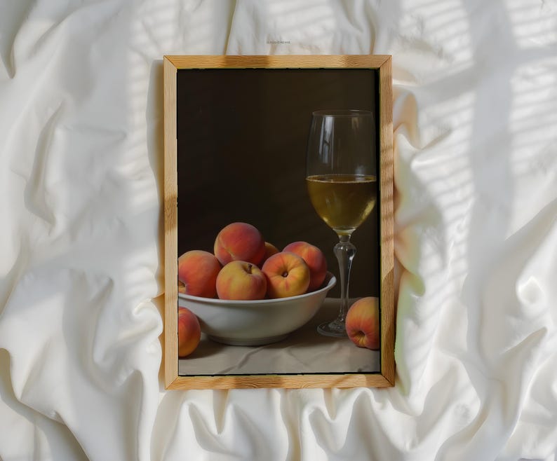 Peaches and White Wine Painting: Vintage Still Life Wall Art (Printable Digital Download) image 2