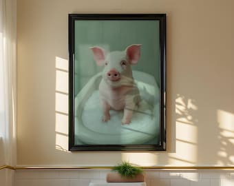 Funny Pig in a Bubble Bath Print: Whimsical Bathroom Wall Art, Impressionist Animal Painting (Printable Digital Download)