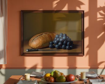 Grapes and Bread Painting: Vintage Kitchen Still Life Wall Art (Printable Digital Download)