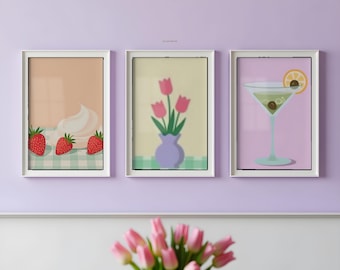 Pastel Picnic Gallery Wall Set of 3: Strawberries, Tulips and Martini Prints, Danish Pastel Decor (Printable Digital Download)