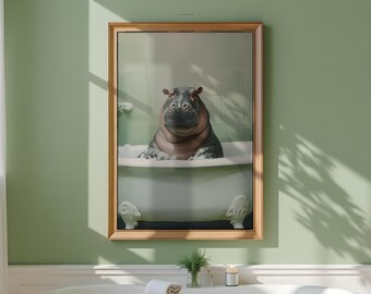Funny Hippo in a Bubble Bath Print: Whimsical Bathroom Wall Art, Vintage Animal Painting (Printable Digital Download)