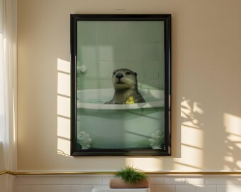 Funny Otter in the Bath Print: Whimsical Bathroom Wall Art, Impressionist Animal Painting (Printable Digital Download)