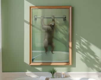 Funny Sloth Brushing Its Teeth Print: Whimsical Bathroom Wall Art, Impressionist Animal Painting (Printable Digital Download)