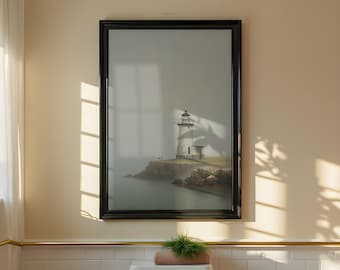 Lighthouse in Fog Painting: Vintage Coastal Wall Art (Printable Digital Download)