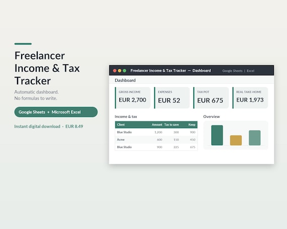 Freelancer Income & Tax Tracker Spreadsheet, Self Employed Tax Set-Aside, Take-Home, Google Sheets + Excel, 1099 Tracker, Digital Download