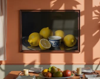 Lemons on a Silver Tray Painting: Vintage Kitchen Still Life Wall Art (Printable Digital Download)