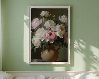 White Peonies in a Jug Painting: Vintage Floral Still Life Wall Art (Printable Digital Download)