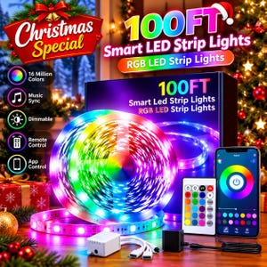 Puede incluir: Un kit de tira de luz LED inteligente de 100 pies con una caja negra, un control remoto, un adaptador de corriente y un teléfono inteligente con una aplicación de color. El texto dice 100FT Smart LED Strip Lights y Christmas Special.