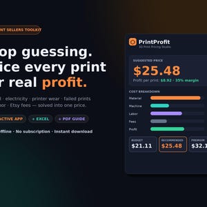 Pode incluir: Uma interface digital de kit de ferramentas para vendedores de impressões 3D com o texto Stop guessing. Price every print for real profit. Inclui um painel PrintProfit mostrando um preço sugerido de $25.48, detalhamento de custos e opções para um aplicativo interativo, Excel e um guia em PDF.