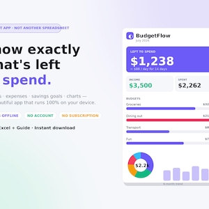 May include: A digital interface for the BudgetFlow app displaying a dashboard with a left to spend amount of $1,238, income of $3,500, and expenses of $2,262. The screen includes budget categories, a pie chart, and a 6-month trend bar graph.