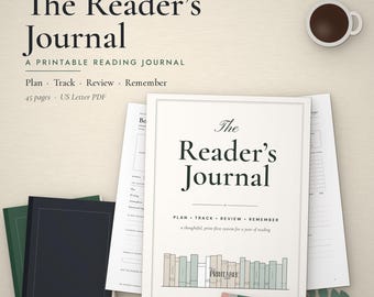 Puede incluir: Un diario de lectura imprimible titulado The Reader's Journal con el texto Plan, Track, Review, Remember. El documento incluye 45 páginas en formato PDF US Letter, con una portada que muestra una fila de libros ilustrados y un lápiz.