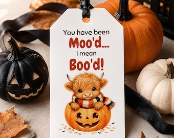 Puede incluir: Una etiqueta de regalo rectangular blanca con una cinta negra que muestra un gráfico de una vaca highland peluda con una bufanda a rayas dentro de una calabaza tallada. El texto dice: You have been Moo'd... I mean Boo'd! en negro y naranja.