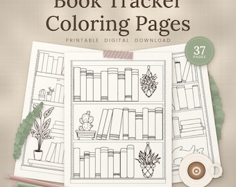 Puede incluir: Páginas para colorear Book Tracker en descarga digital imprimible de 37 páginas. Las hojas presentan dibujos de líneas en blanco y negro de estanterías llenas de libros y plantas en macetas. Incluye lápices de colores y una taza de café.