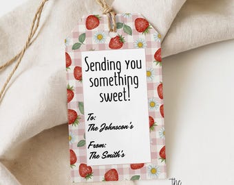 Puede incluir: Una etiqueta de regalo rectangular con un patrón de cuadros vichy rosa claro y blanco con fresas rojas y margaritas blancas. El panel central blanco muestra el texto: Sending you something sweet! To: The Johnson's From: The Smith's. Tiene un lazo de cuerda marrón.
