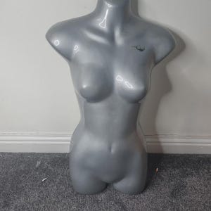 Può includere: Un manichino a mezzo busto di colore argento con una finitura metallica liscia e una forma sagomata. Il manichino include un piccolo gancio in metallo sul collo per appenderlo e presenta un'area definita di petto, vita e fianchi per l'esposizione.