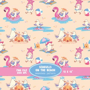 Op de afbeelding: Een naadloos patroon met cartoonmeeuwen op een strand met een licht perzikkleurige achtergrond. Het ontwerp bevat meeuwen in roze flamingo-zwembanden, die zeesterren vasthouden, zandkastelen bouwen en strandparasols en ballen gebruiken. Tekst: SEAGULLS ON THE BEACH, PNG FILE 300 DPi, 12 X 12.