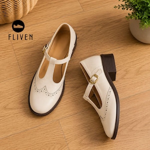 Women's Leather Mary Jane Shoes, Retro Brogue Flats, Chunky Heel Oxford Shoes, Vintage T-Strap Loafers, Classic Everyday Footwear