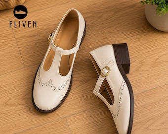 Women's Leather Mary Jane Shoes, Retro Brogue Flats, Chunky Heel Oxford Shoes, Vintage T-Strap Loafers, Classic Everyday Footwear